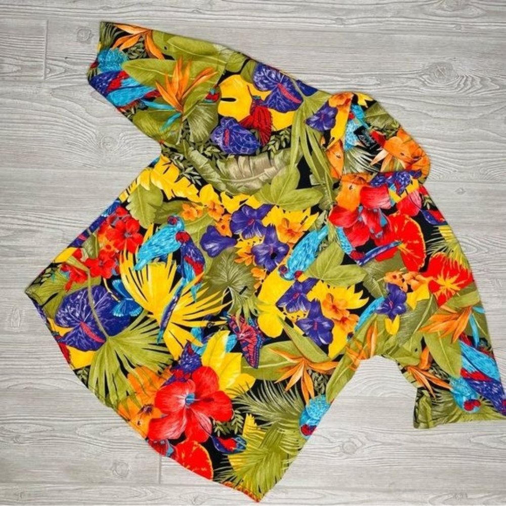 Vintage michele leslie button front top blouse tropical floral Hawaiian shirt la